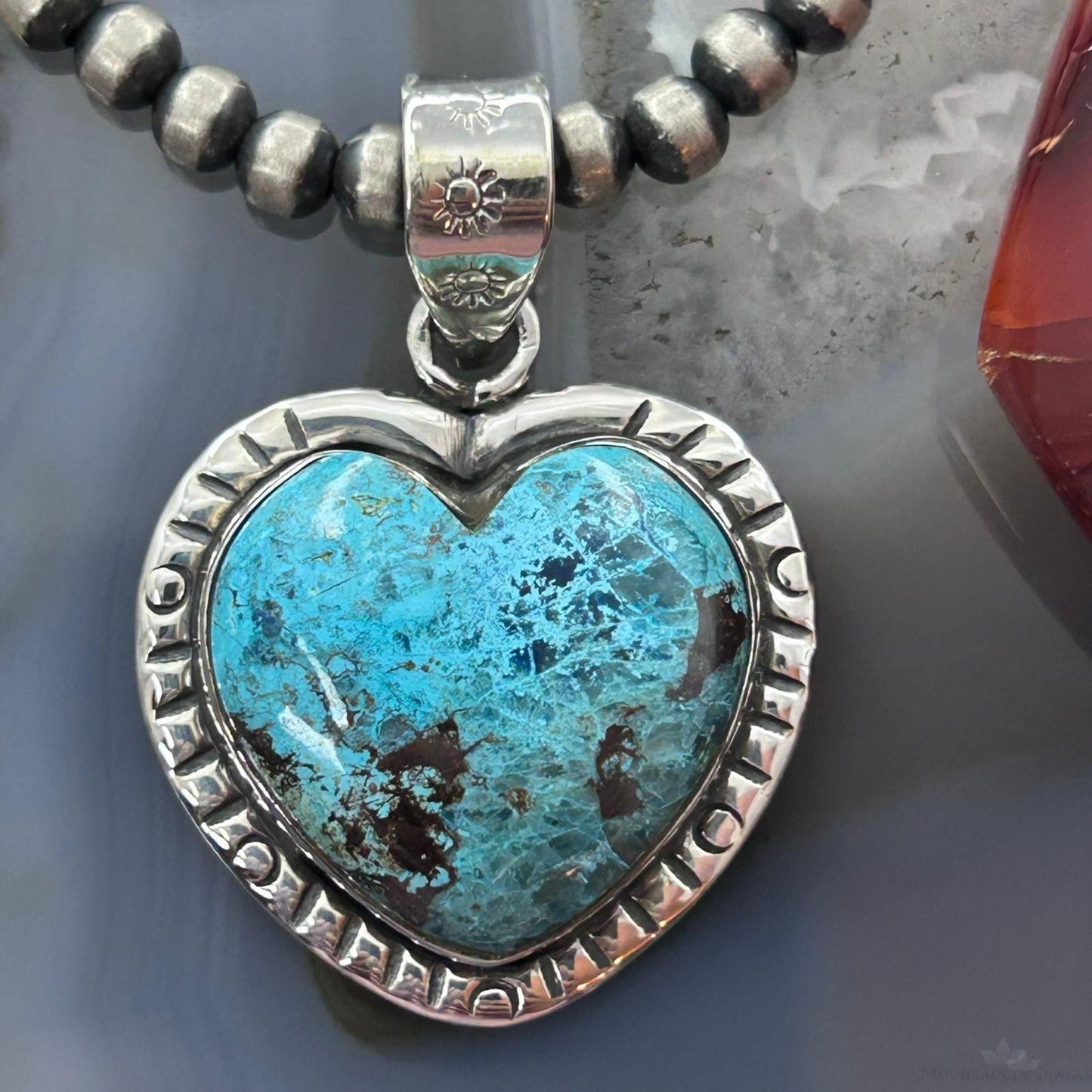 Sterling Silver Southwestern Style Chrysocolla Heart Decorated Pendant For Women