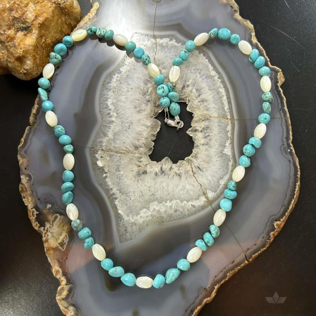 Sterling Silver 5-10mm Turquoise & 8mm MOP Beads 20" Necklace For Women