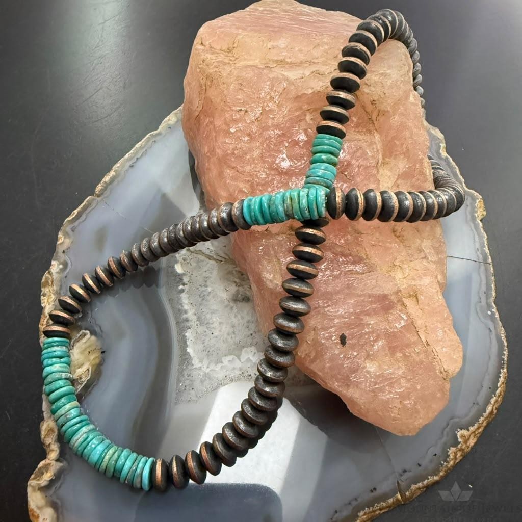 Southwestern Style Turquoise & 8mm Copper Navajo Pearl Saucer 18"-20" Necklace For Women