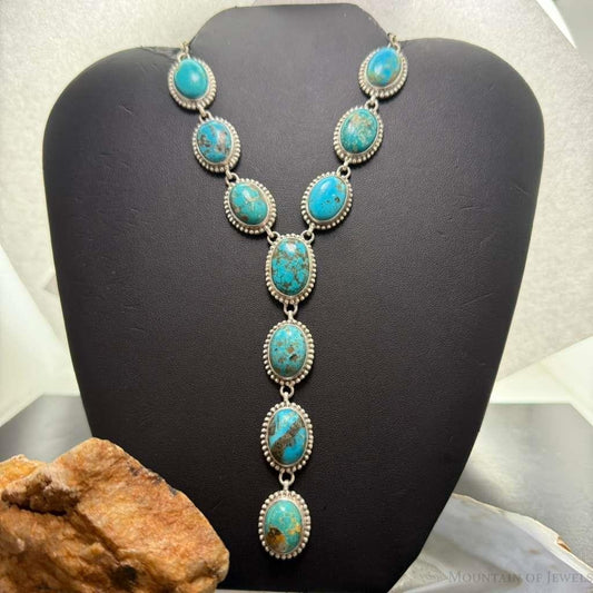 Sterling Silver Southwestern Style Oval Kingman Turquoise Lariat 28" Necklace For Women