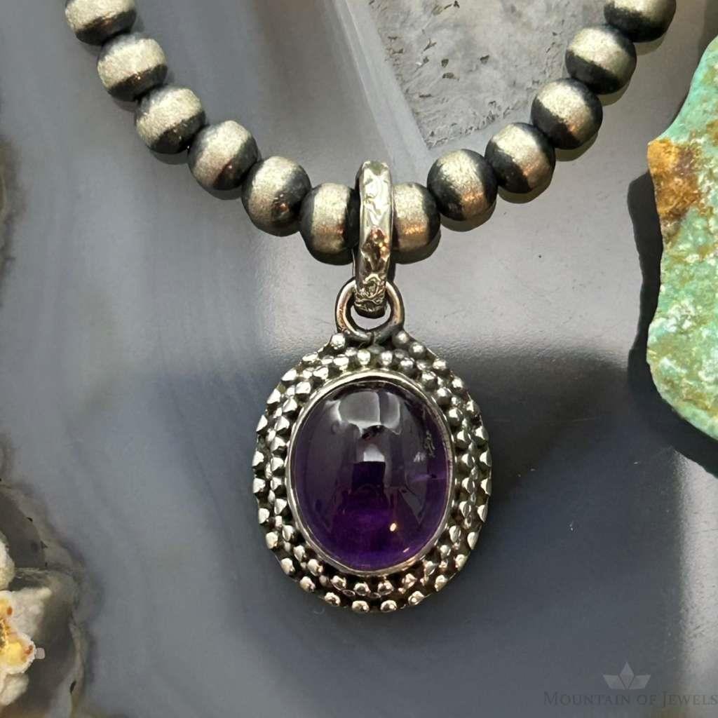 Sterling Silver Southwestern Style Oval Amethyst Decorated Charm/Pendant For Women
