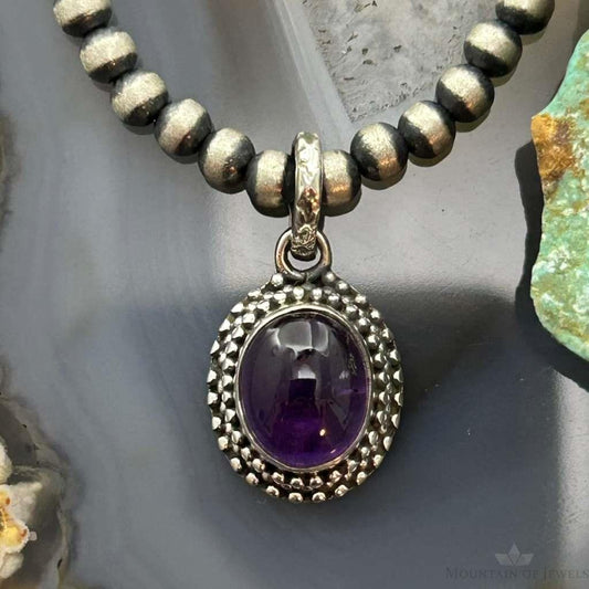 Sterling Silver Southwestern Style Oval Amethyst Decorated Charm/Pendant For Women