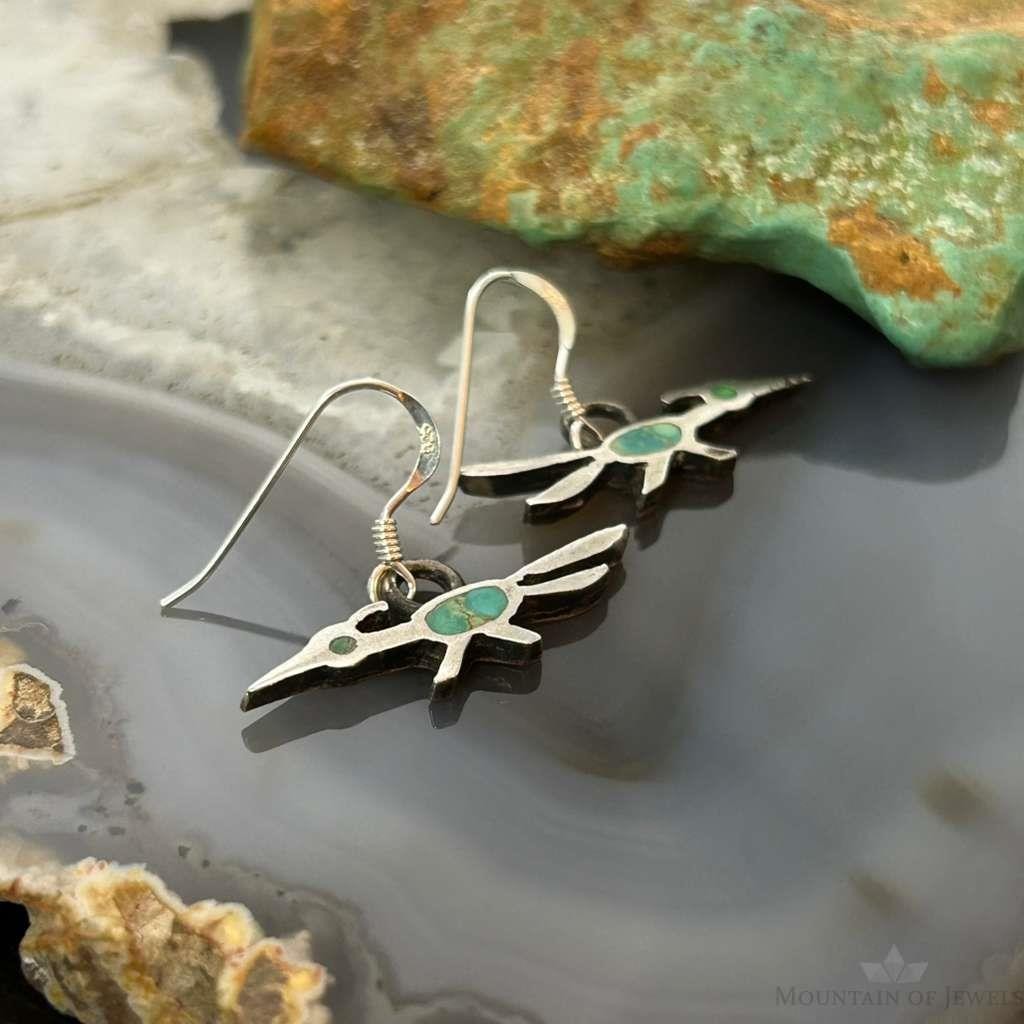 Vintage Silver Native American Roadrunner w/Turquoise Dangle Earrings For Women