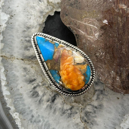 Sterling Silver Southwestern Style Teardrop Turquoise Spiny Oyster Ring Size 10 For Women
