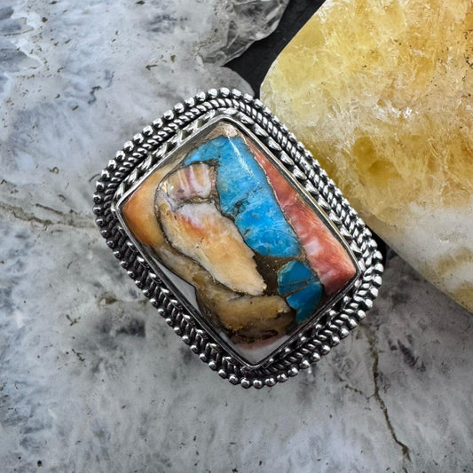 Sterling Silver Southwestern Style Rectangle Composite Spiny Oyster Turquoise Ring 6.75 For Women