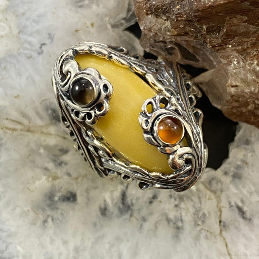 Carolyn Pollack Southwestern Style Sterling Silver Yellow Jasper, Smoky Quartz & Citrine Ring For Women