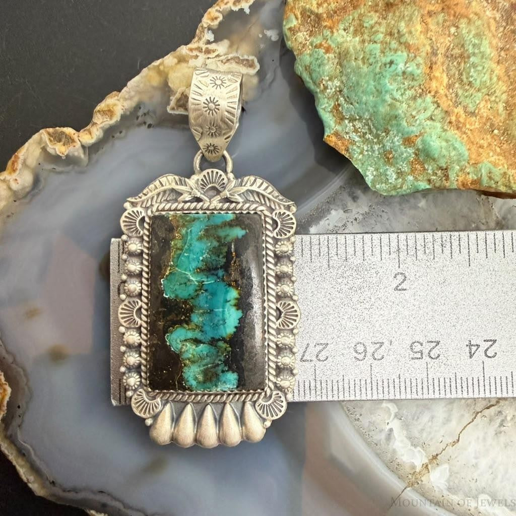 Sterling Silver Southwestern Style Rectangle Blackjack Turquoise Decorated Pendant
