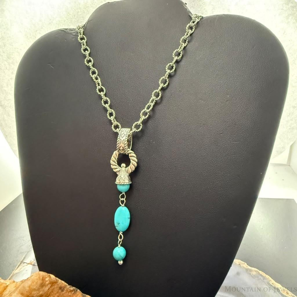 Carolyn Pollack Sterling Silver Turquoise Pendant on Rope Link Chain Necklace For Women