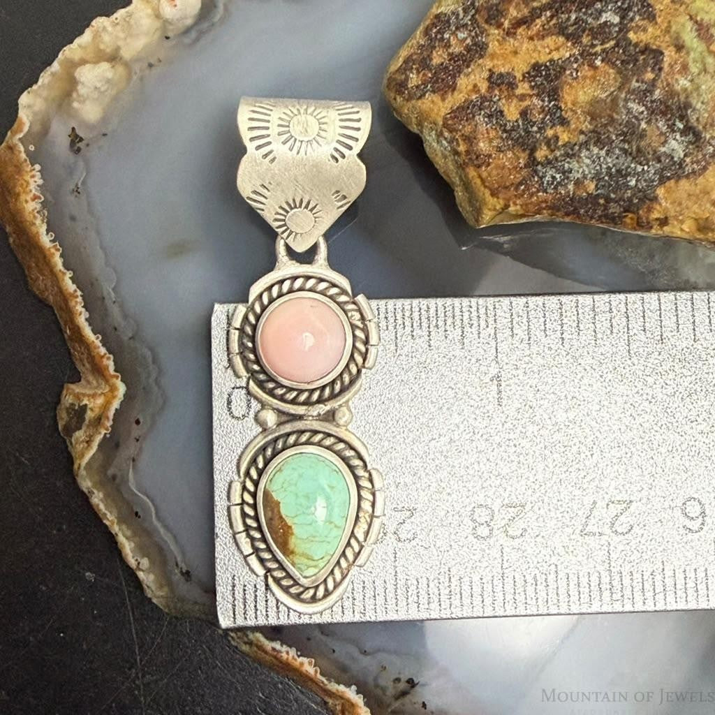 Sterling Silver Southwestern Style Pink Conch & Turquoise Pendant For Women