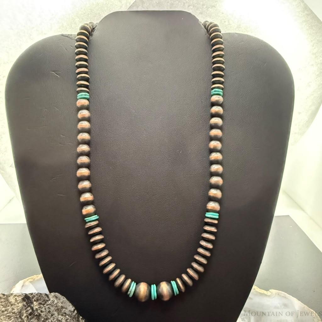 Southwestern Style Copper Navajo Pearl Round,Saucer & Turquoise 18"-20" Necklace For Women