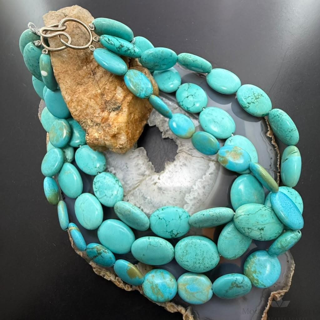 Vintage Native American Oval Turquoise Beads 3 Strands 14" Necklace For Women