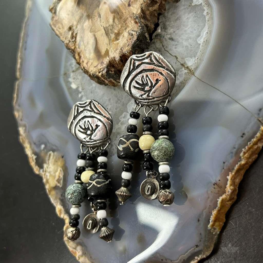 Vintage Sterling Silver Southwestern Roadrunner Beads Dangle Earrings For Women