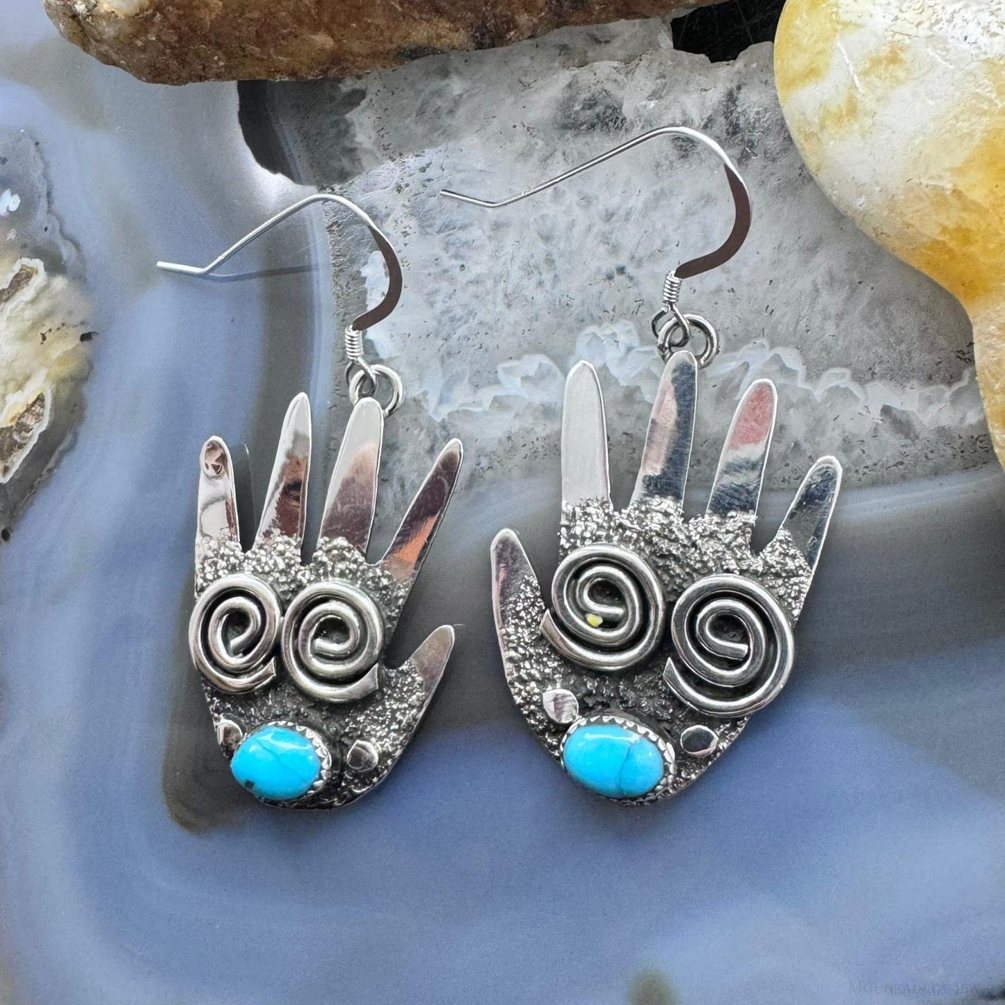 Alex Sanchez Sterling Silver Ancestors Hand Petroglyph With Turquoise Dangle Earrings For Women