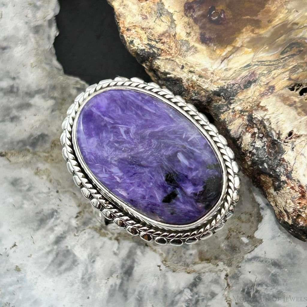 Sterling Silver Southwestern Style Oval Charoite Decorated Ring Size 6.75 For Women