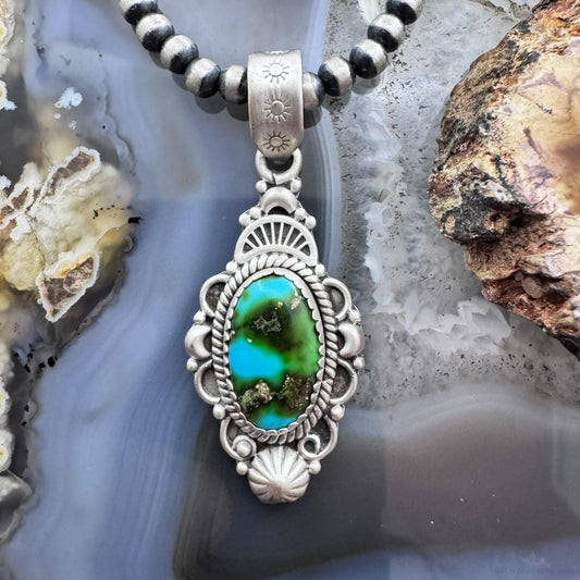 Sterling Silver Southwestern Style Oval Blue Sonora Gold Turquoise Pendant For Women