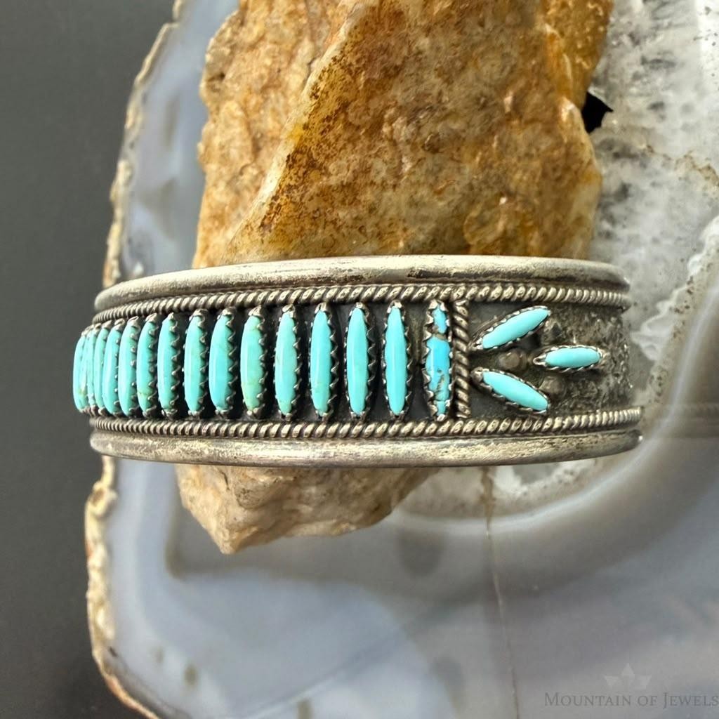 Vintage F.M Begay Native American Sterling Silver Needlepoint Turquoise Cuff For Women