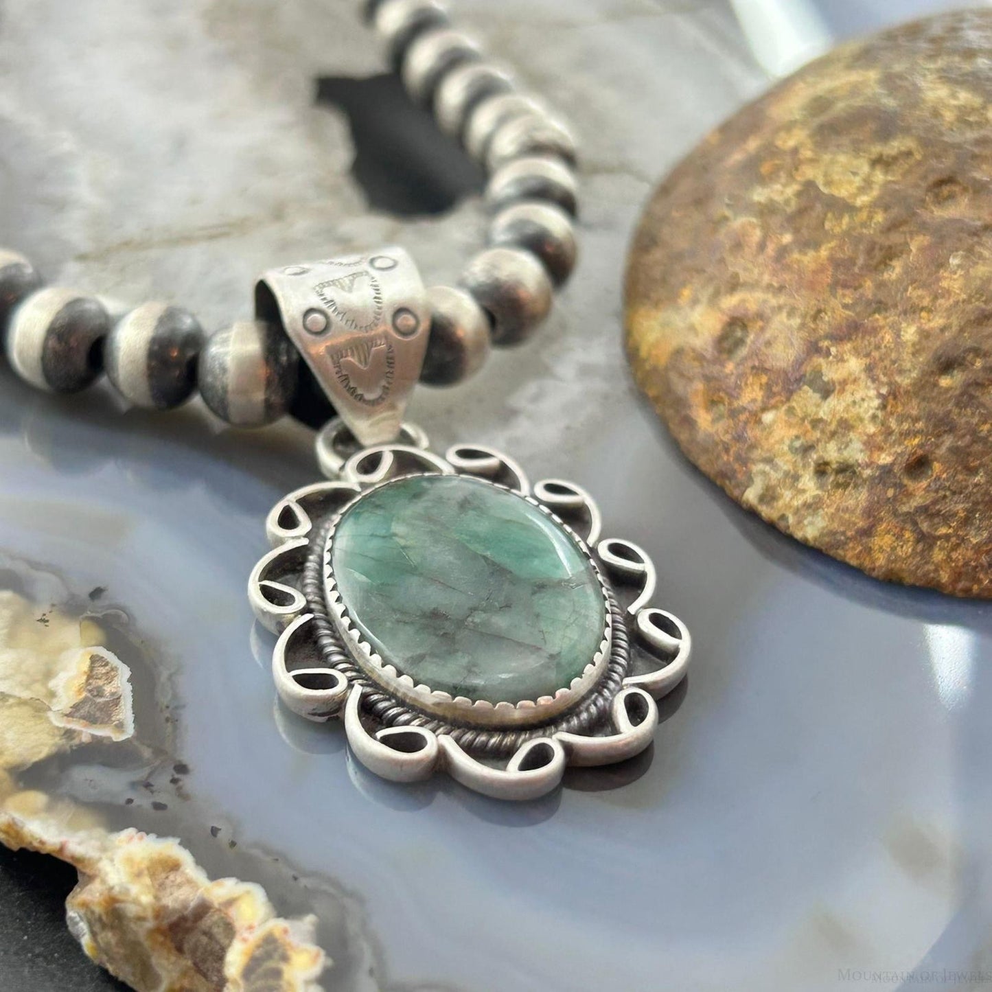 Sterling Silver Southwestern Style Oval Emerald Decorated Pendant For Women #1