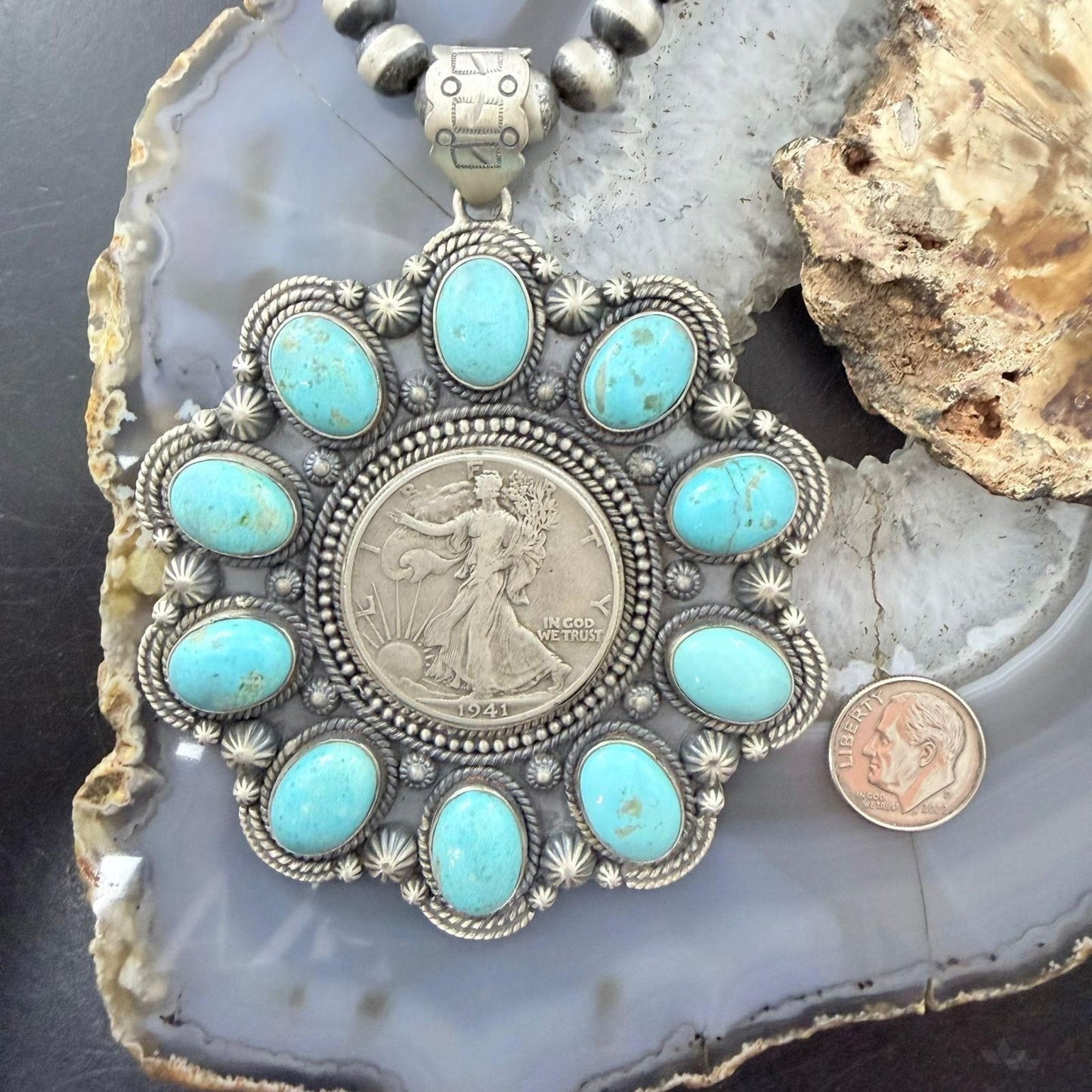 Genuine 1941 90% Silver Walking Liberty Half Dollar Coin w/Turquoise Unisex Pendant