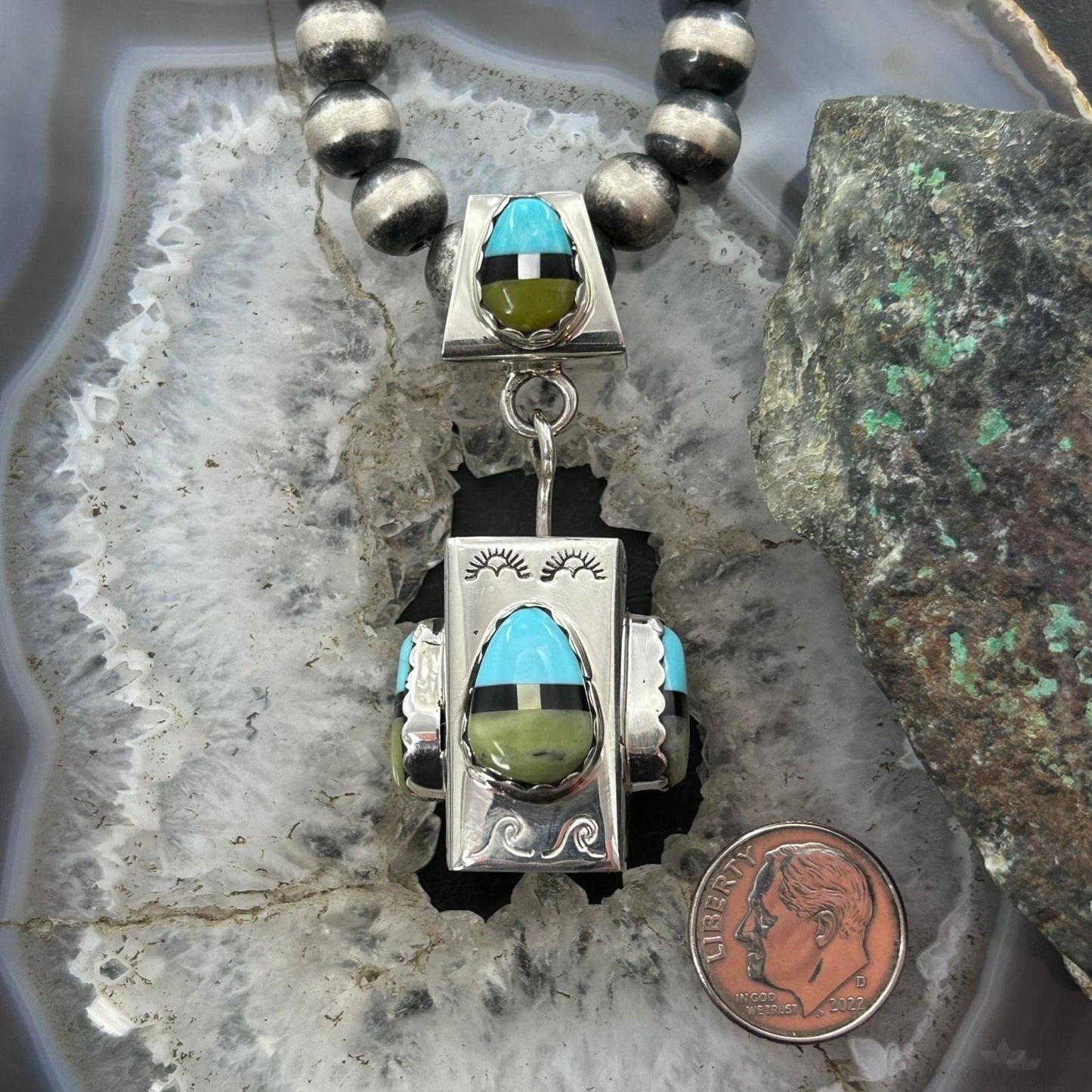 Cliffton Aguilar Santo Domingo Sterling Silver Multistone Decorated Rectangular Pendant
