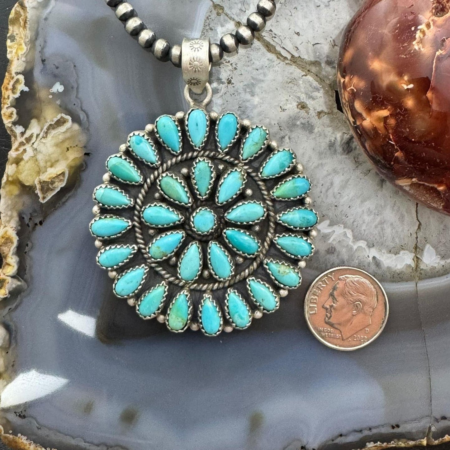 Sterling Silver Southwestern Style Teardrop Turquoise Round Cluster Pendant For Women