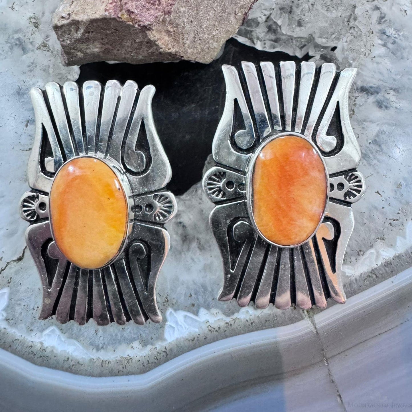 Abraham Begay Native American Sterling Silver Spiny Oyster Overlay Post Earrings For Women