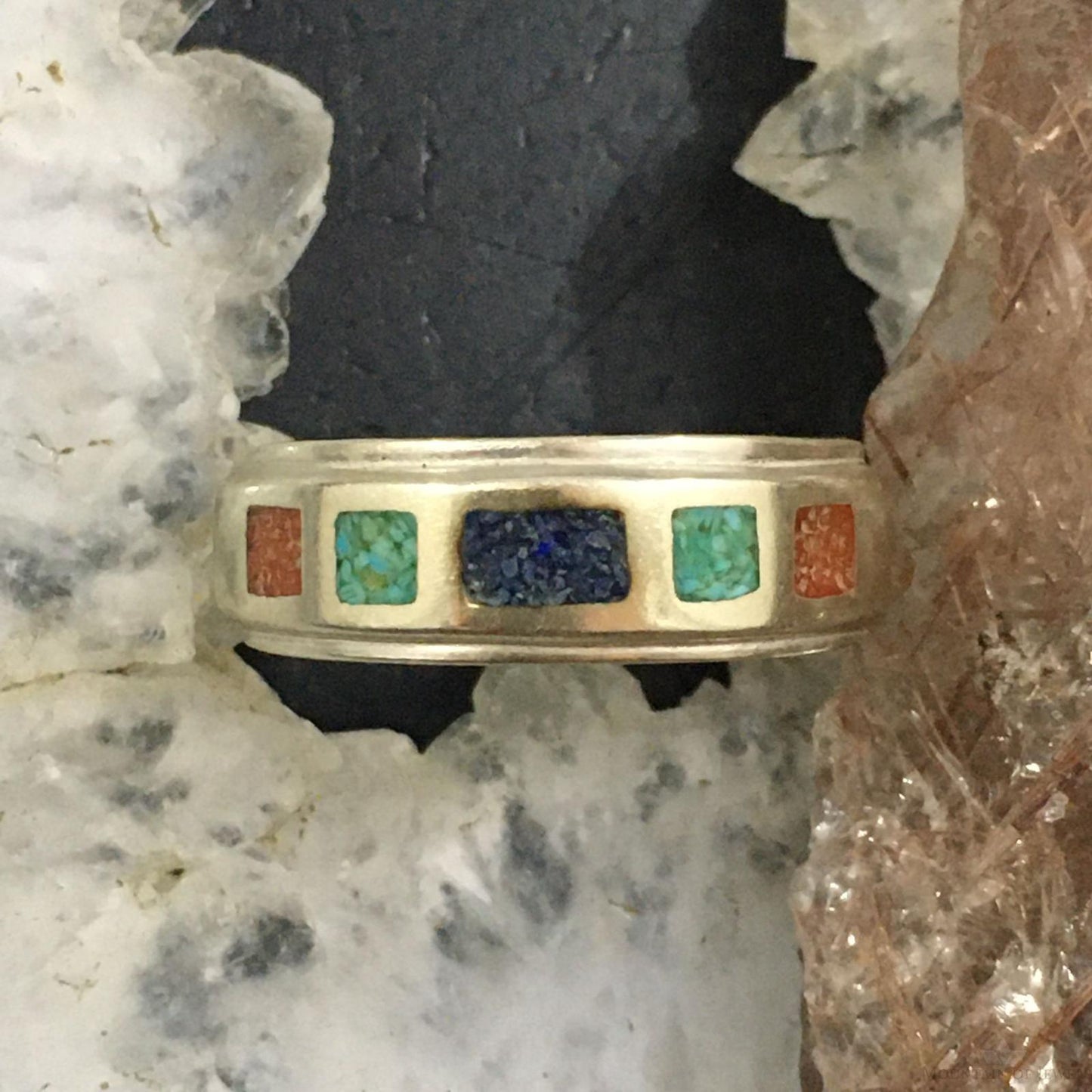 Carolyn Pollack Vintage Southwestern Style Sterling Silver Multi-gemstone Inlay Unisex Band Ring