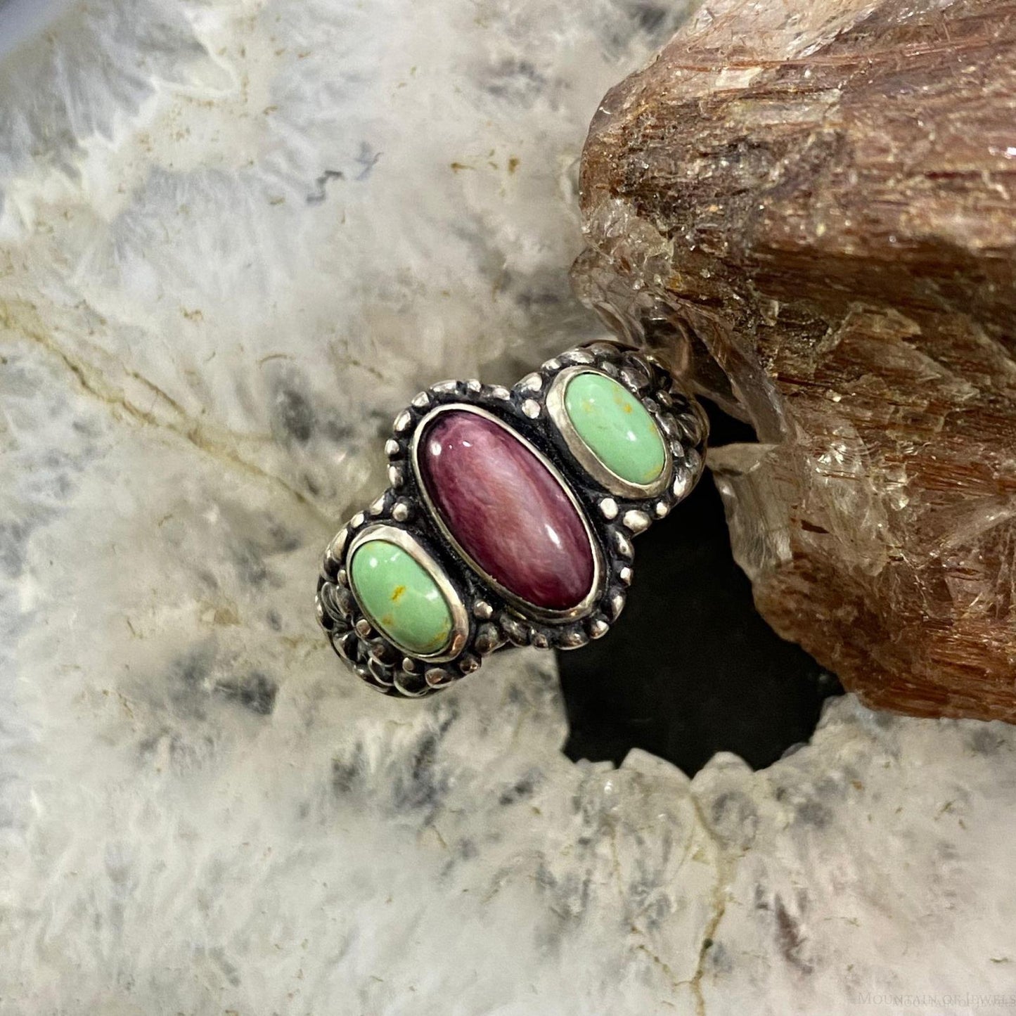 Carolyn Pollack Southwestern Style Sterling Silver Purple Spiny Oyster & Green Turquoise Ring For Women