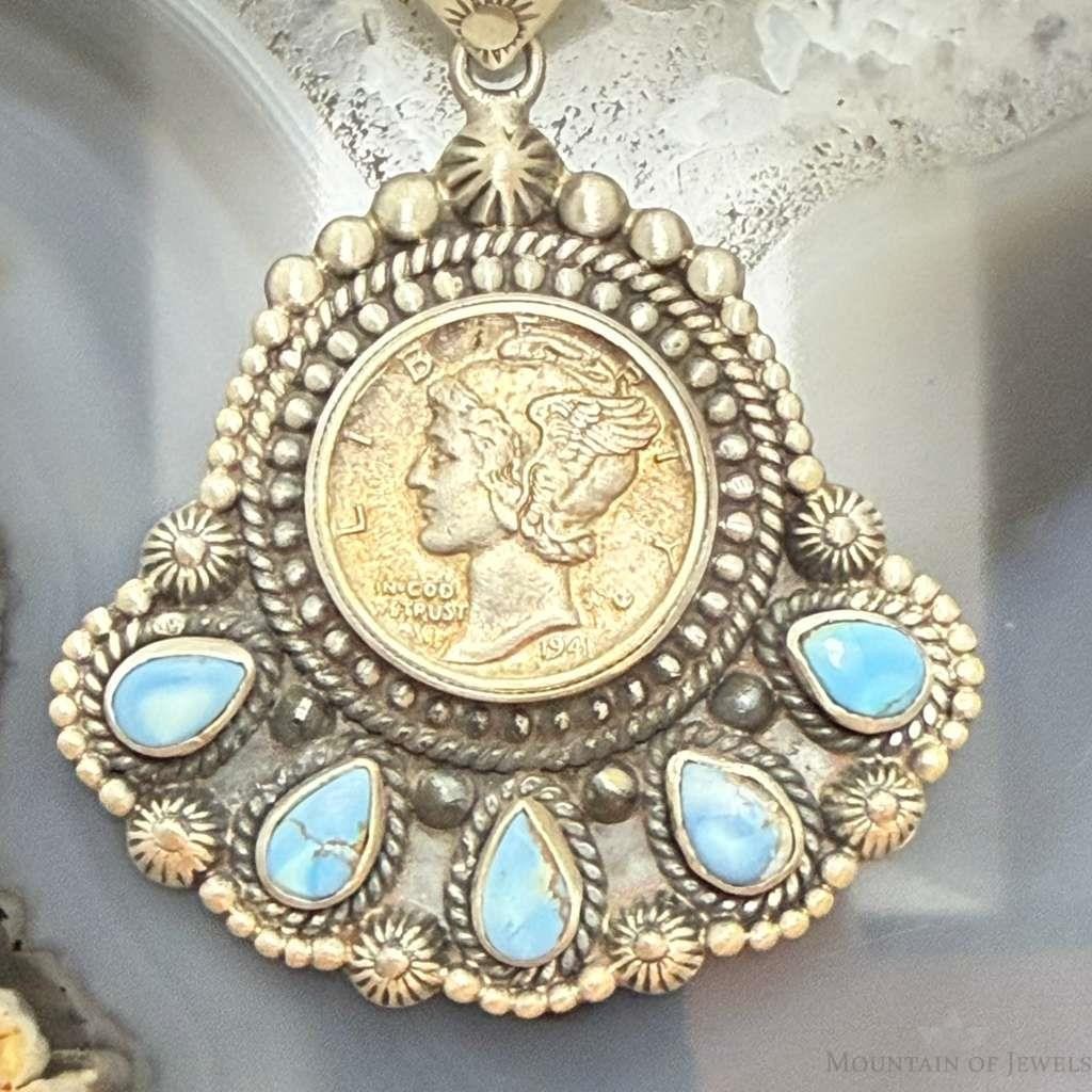 Sterling Silver Southwestern Style 1941 Mercury Dime & Golden Hill Turquoise Pendant
