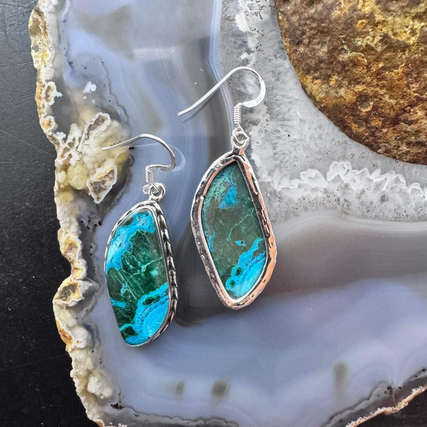 Sterling Silver Southwestern Style Tilde Malachite Azurite Dangle Earrings For Women