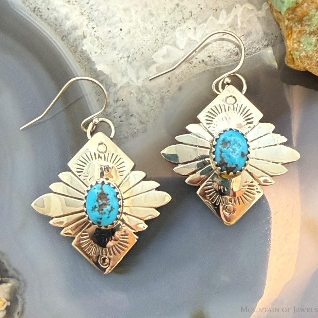 Michael Nez Navajo Sterling Silver Turquoise Pueblo Life Dangle Earrings For Women