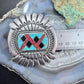 Vintage Native American Sterling Silver Chip Inlay Large Belt Buckle For Men