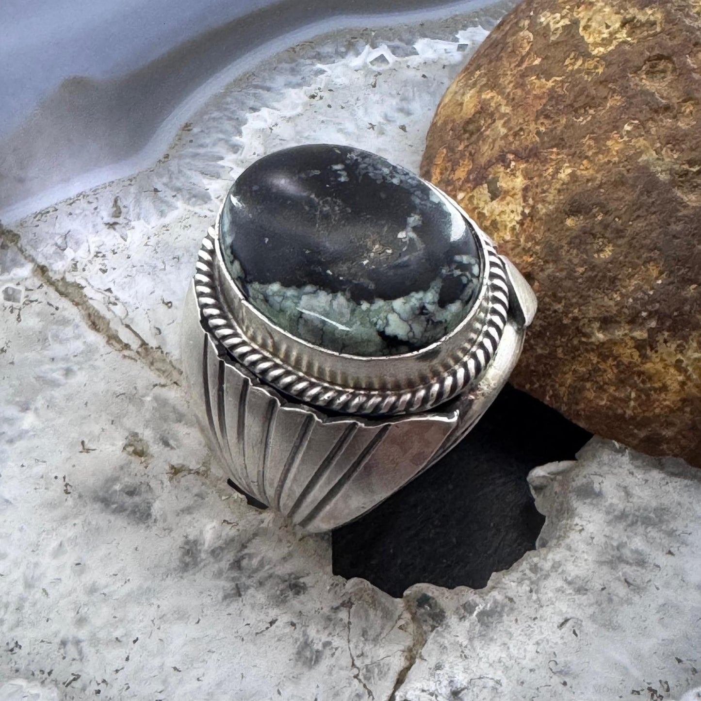 Native American Sterling Oval Black Jack Shield Ring Size 11 For Men