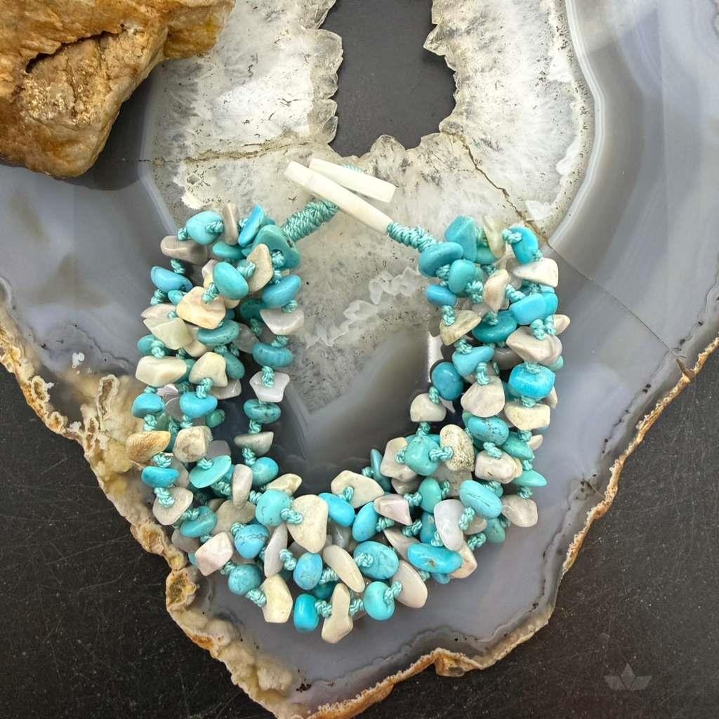 Sterling Silver Natural Turquoise and MOP Beads 6" Bracelet For Women
