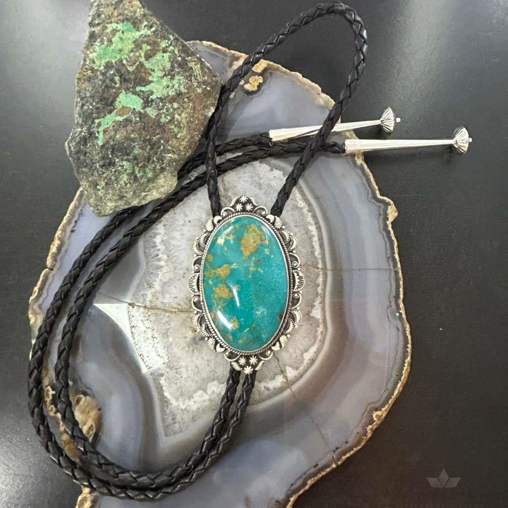 Sterling Silver Southwestern Style Large Oval Turquoise Decorated Bolo Tie For Men