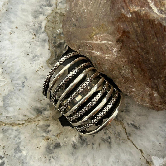 Sterling Silver Stripes Stacked Dome Modern Ring For Women, Taxco Mexico