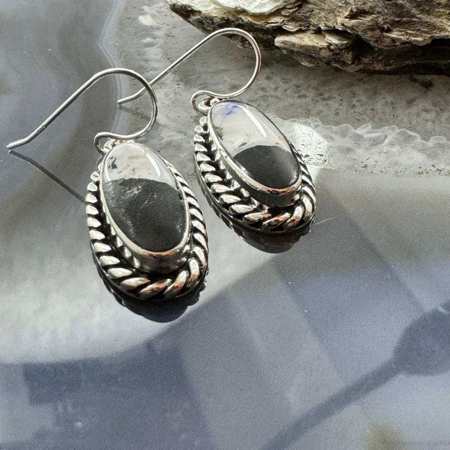 Native American Sterling Silver Oval White Buffalo Dangle Earrings For Women.