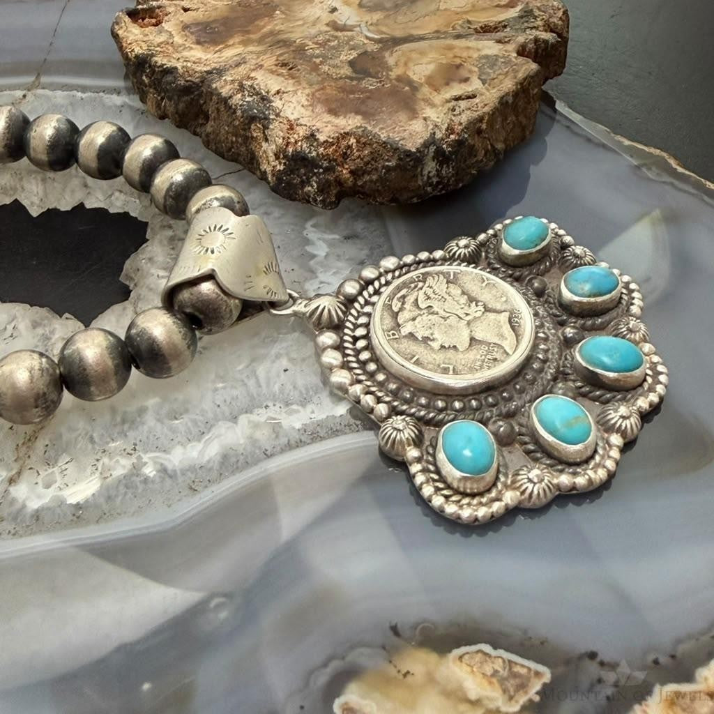 Sterling Silver Southwestern Style 1936 Mercury Dime &Kingman Turquoise Pendant