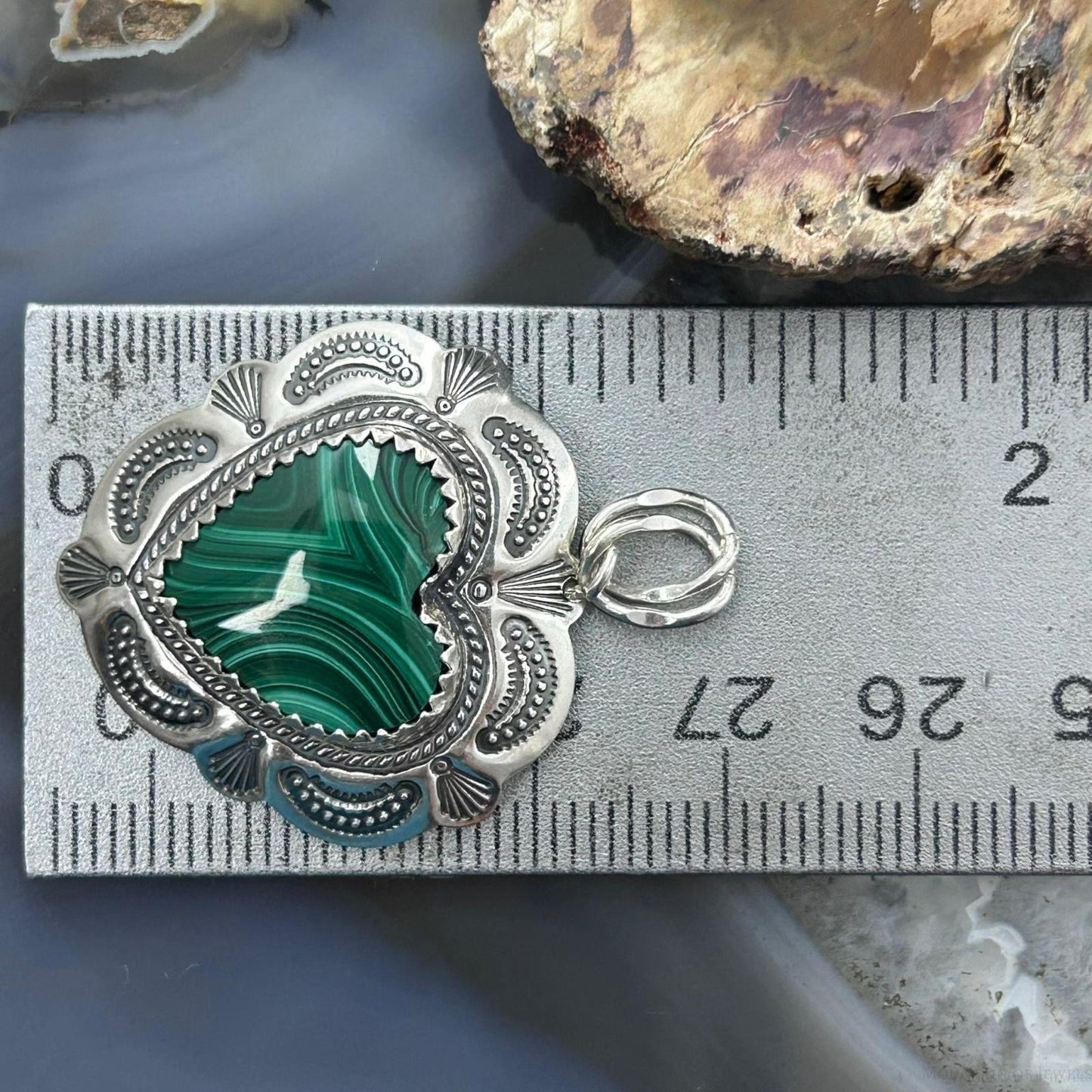 QT Quoc Sterling Silver Southwestern Style Malachite Heart Pendant For Women