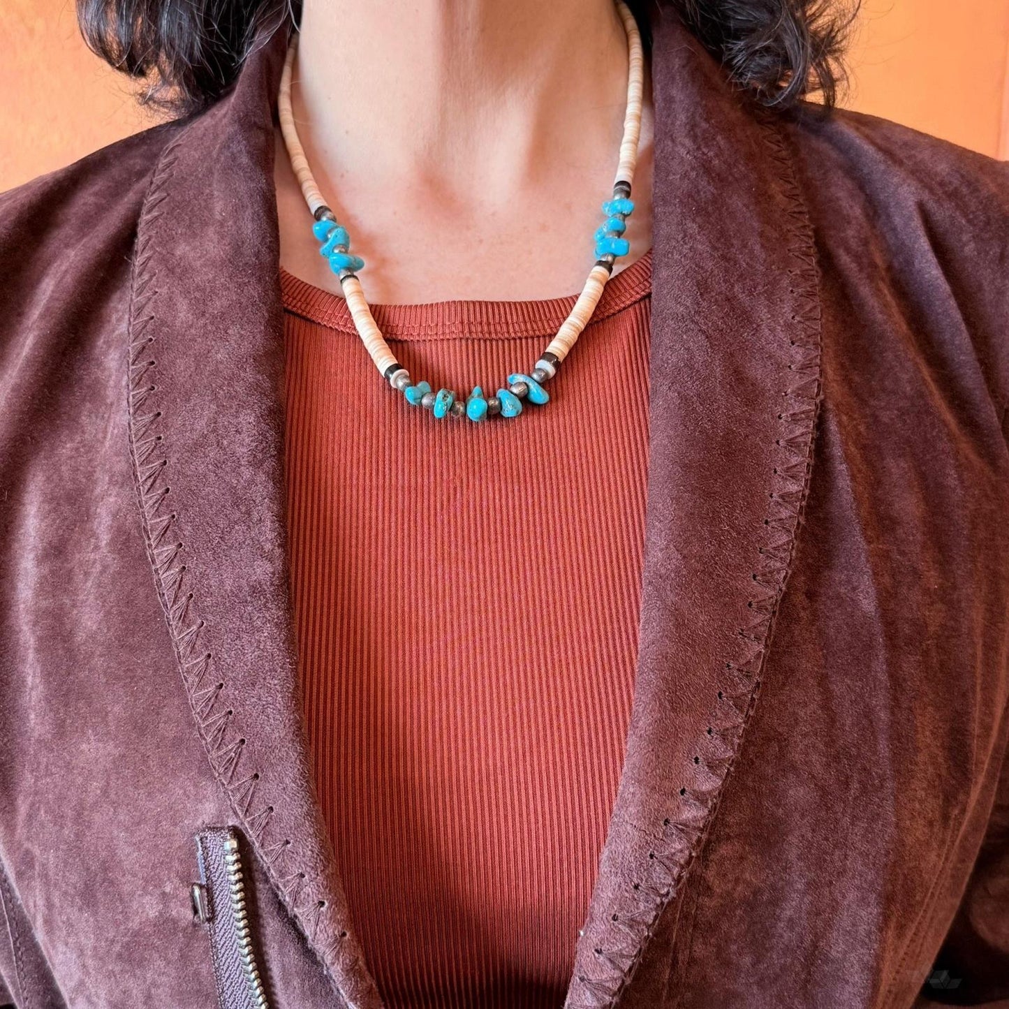 Vintage Native American Heishi and Turquoise Beads 19" Necklace For Women