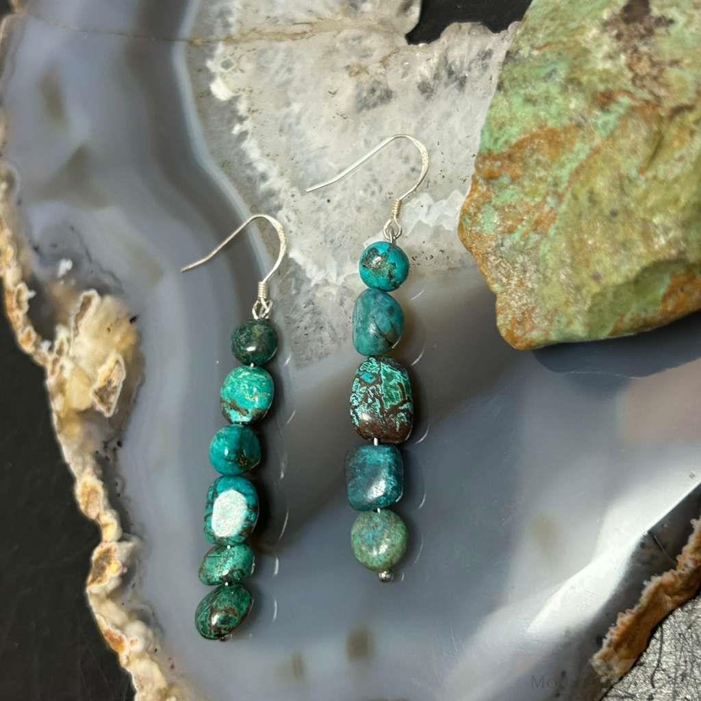 Sterling Silver Natural 5 Turquoise Beads Long Dangle Earrings For Women