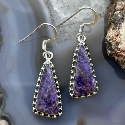 Sterling Silver Southwestern Style Triangle Charoite Dangle Earrings For Women