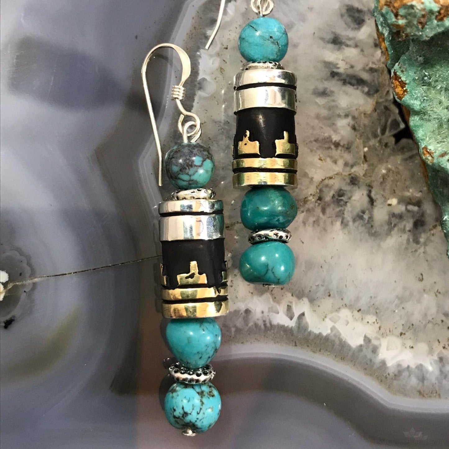 Tommy & Rosita Singer Sterling Silver & GF Barrel and Turquoise Bead Dangle Earrings For Women