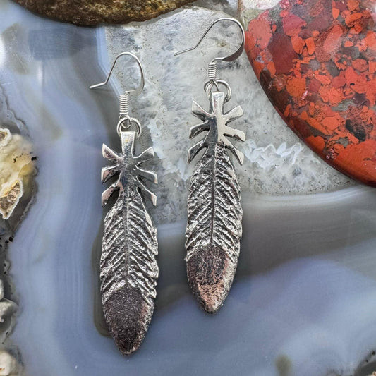 Gary Custer Sterling Silver Tufa Cast Feather Dangle Earrings For Women