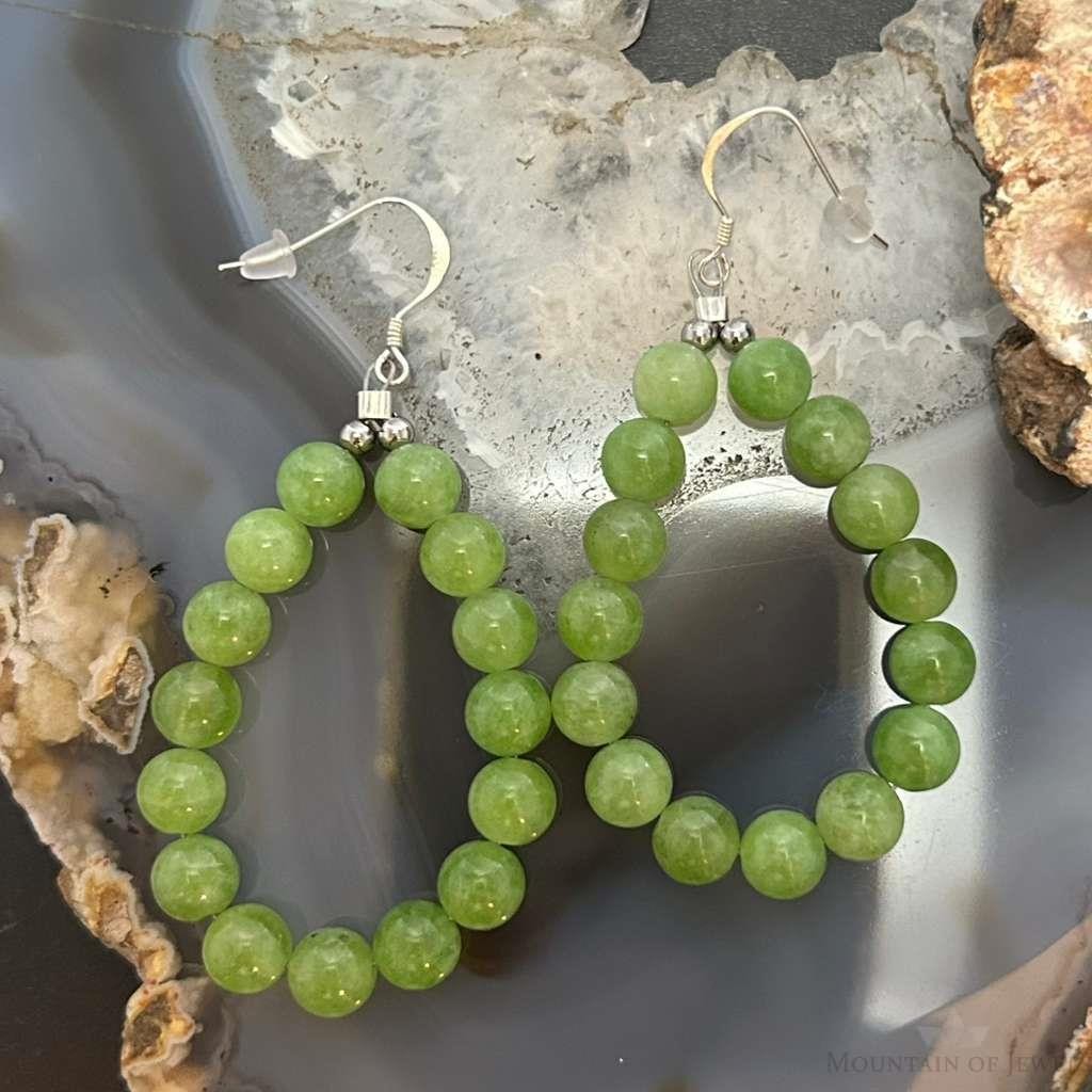 Sterling Silver 15 Rounded Peridot Beads Hoop Dangle Earrings For Women