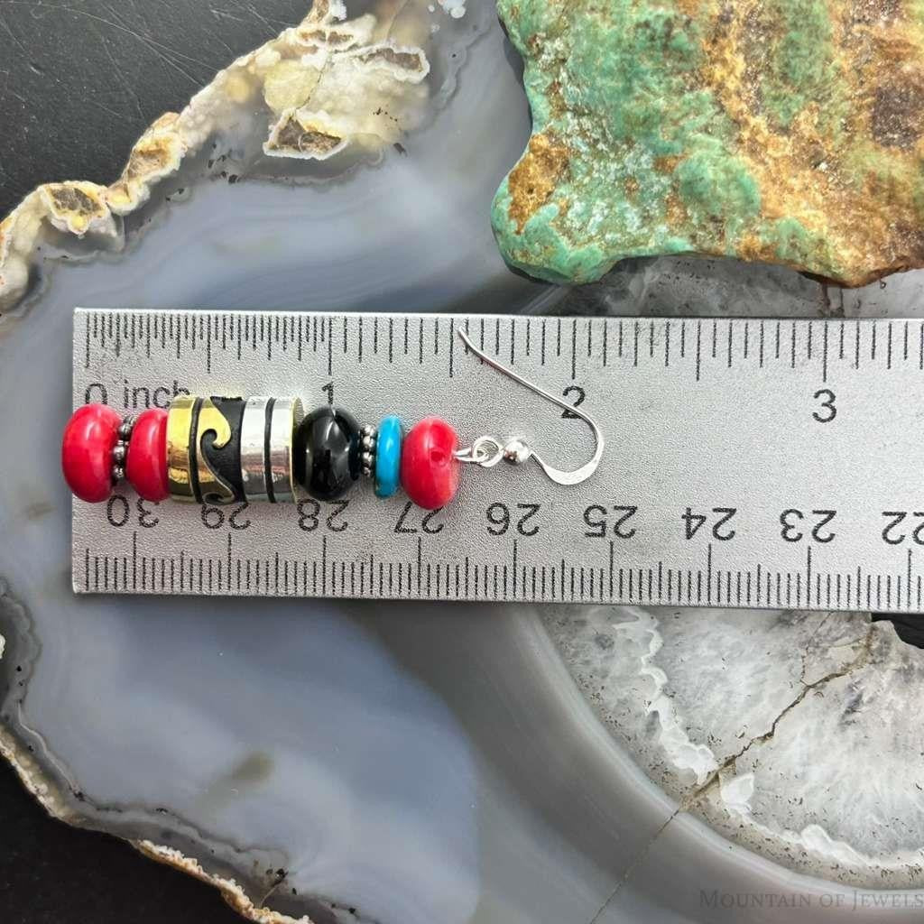 Tommy & Rosita Singer Sterling  Silver Coral, Onyx, Turquoise Bead Dangle Earrings For Women