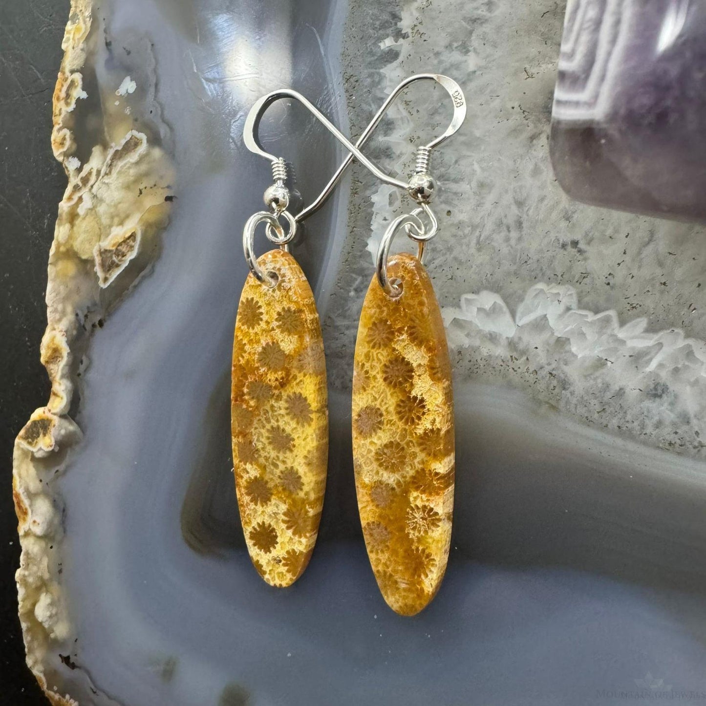 Sterling Silver Elongated Oval Fossilized Jasper Slab Dangle Earrings For Women #210