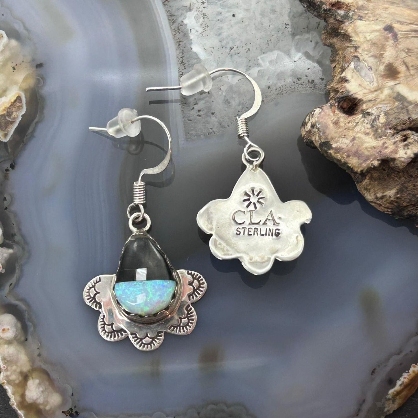 Clifton Aguilar Sterling Silver Teardrop Multistone Inlay Dangle Earrings For Women