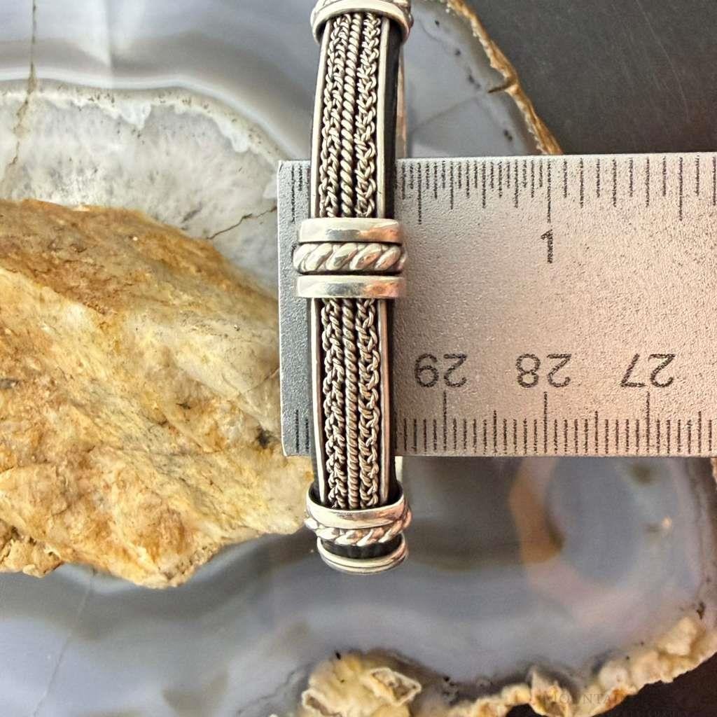 Vintage Braided Sterling Silver Over Black Leather Fashion Bracelet For Women