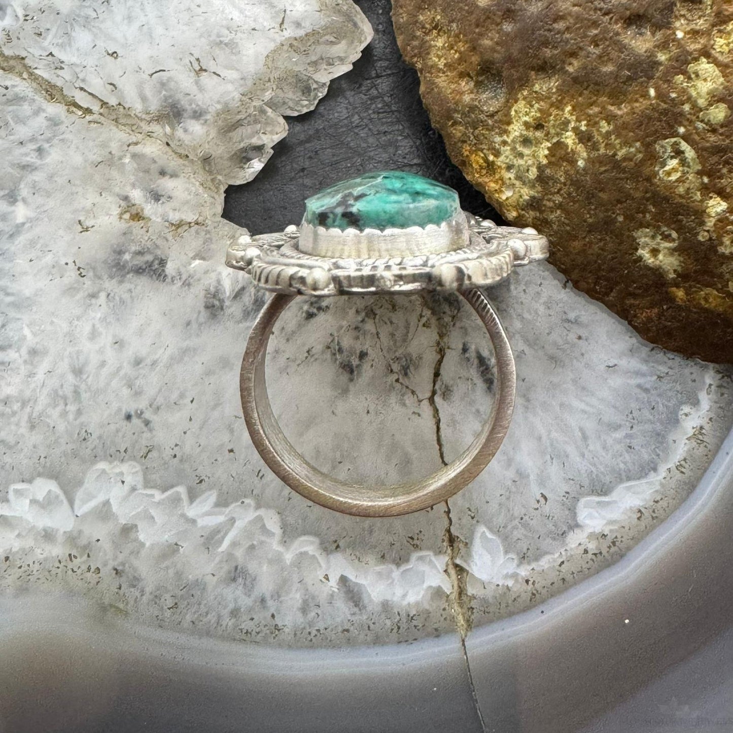 Sterling Silver Southwestern Style Teardrop Turquoise Decorated Adjustable Ring For Women
