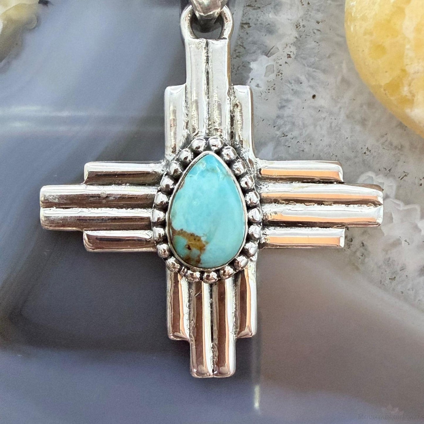 Sterling Silver Southwestern Style Teardrop Mohave Turquoise Unisex Zia Pendant